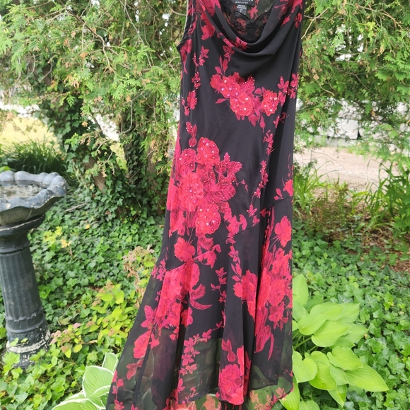 Connected Apparel Black Dress with Red Floral Accents And Beading - Picture 1 of 6